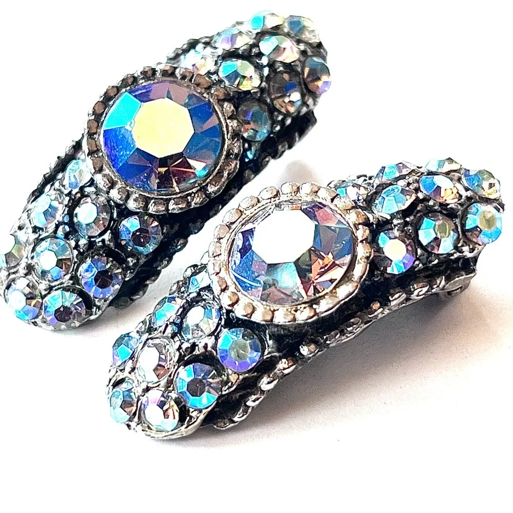Dazzling Vintage Rhinestone Ear Clips Aurora Borealis Shimmer Statement Earrings